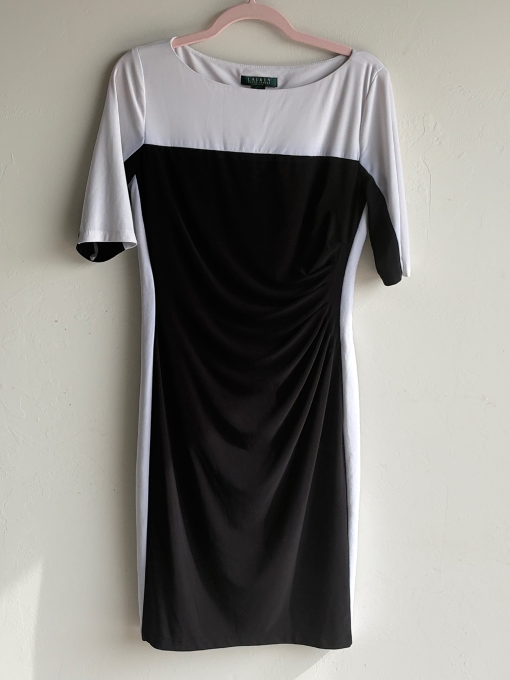 Lauren Ralph Lauren Black White Colorblock Ruched Sheath Dress Size 10